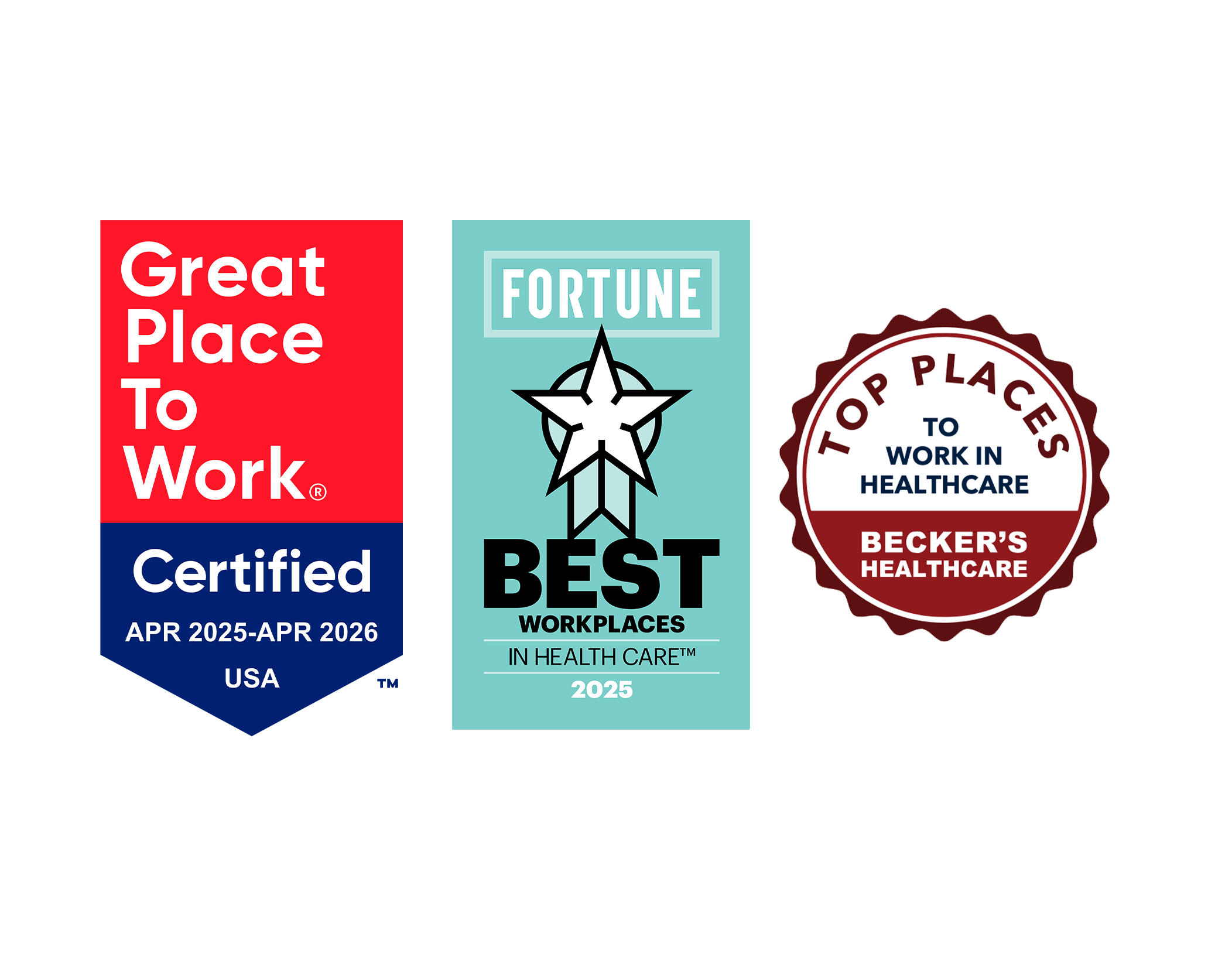 Great Place to Work, Best Workplaces in Health Care and Top Places to Work in Healthcare logos