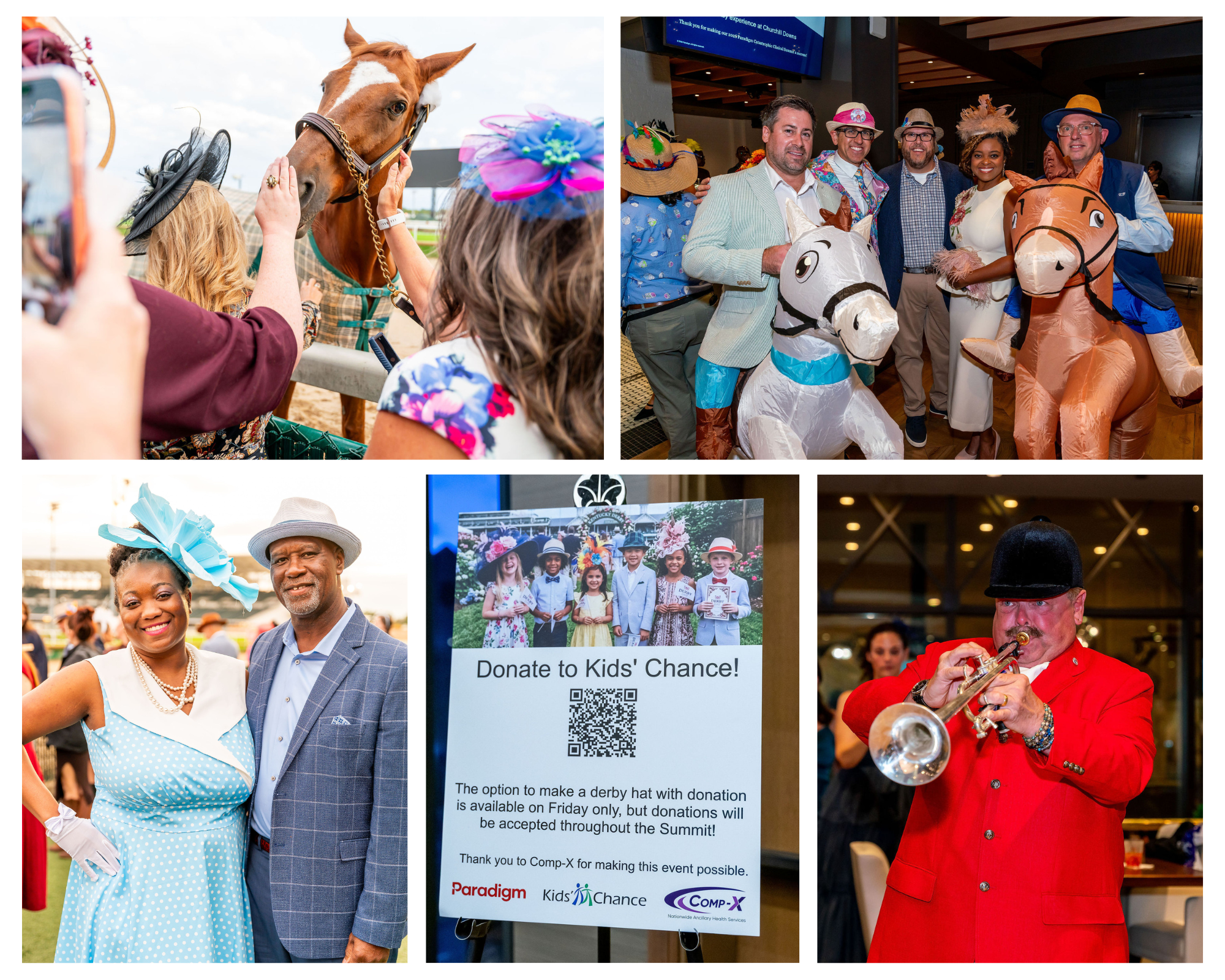 A night at Churchill Downs, including group pictures at the track, a bugler and a racehorse 